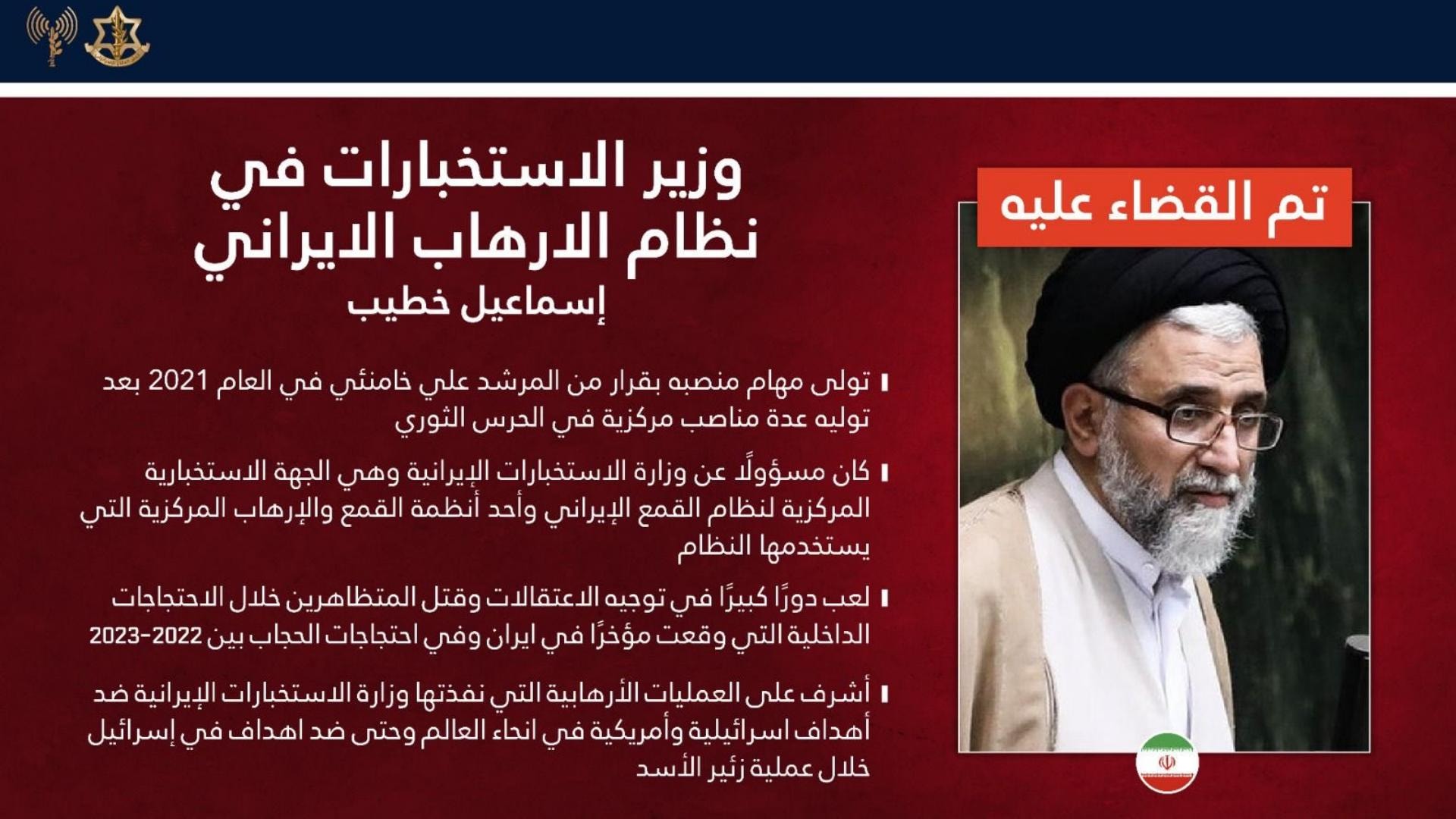 الجيش الإسرائيليّ يؤكّد مقتل وزير الاستخبارات الإيرانيّ